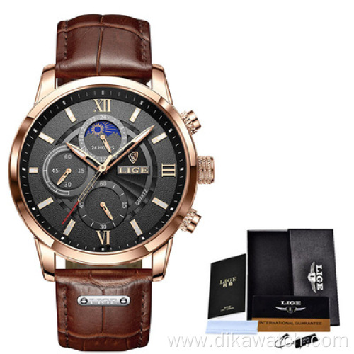 2021 LIGE Watches Mens Top Brand Luxury Clock Casual Leather 24Hour Moon Phase Men Watch Sport Waterproof Quartz Chronograph+Box